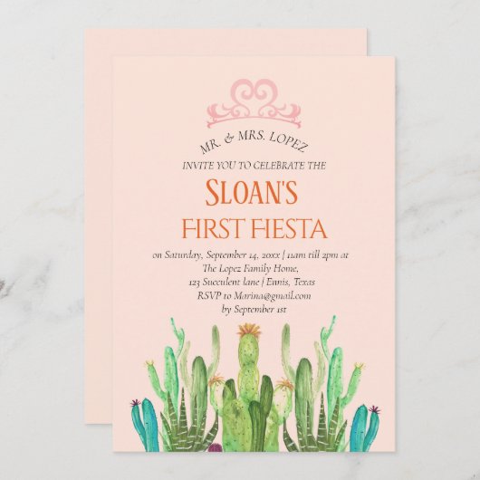 Moderne Cactus Tiara Eerste Fiesta Verjaardag Kaart (Voorkant / Achterkant)