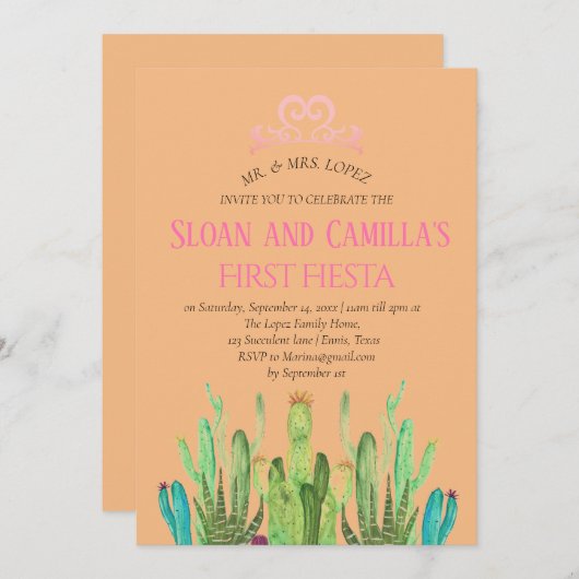 Moderne cactus tweeling eerste Fiesta verjaardag Kaart (Voorkant / Achterkant)