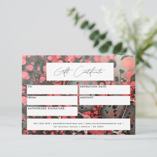 Moderne Cadeaubon Voucher Zwart Rood Marmer (Staand voorkant)