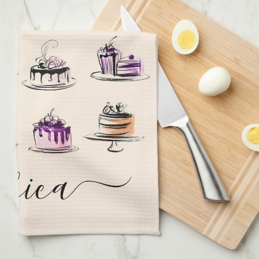 Moderne cake pattern script naam theedoek (Quarter Fold)