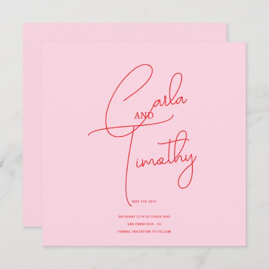 Moderne Caligrafie Script Rood Roze bruiloft Save The Date (Voorkant / Achterkant)