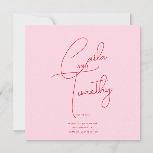 Moderne Caligrafie Script Rood Roze bruiloft Save The Date (Voorkant)