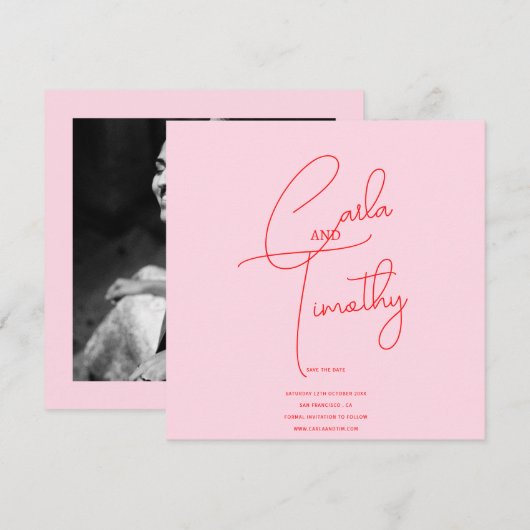 Moderne Caligrafie Script Rood Roze Foto Opslaan D Save The Date (Voorkant / Achterkant)