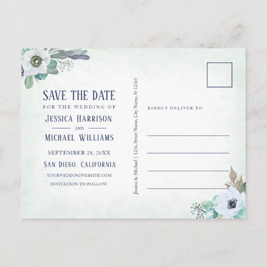 Moderne Calligrafie Anemone Flower Save the Date Uitnodiging Briefkaart (Achterkant)