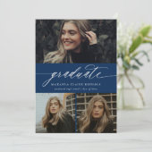 Moderne Calligrafie Blue Three Photo Afstuderen Kaart (Staand voorkant)