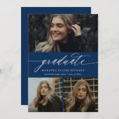 Moderne Calligrafie Blue Three Photo Afstuderen Kaart (Voorkant / Achterkant)