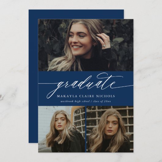 Moderne Calligrafie Blue Three Photo Afstuderen Kaart (Voorkant / Achterkant)
