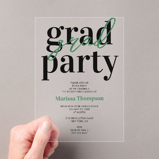 Moderne Calligrafie Green Graduation Party Acryl Uitnodigingen (Insitu (Draagbaar))