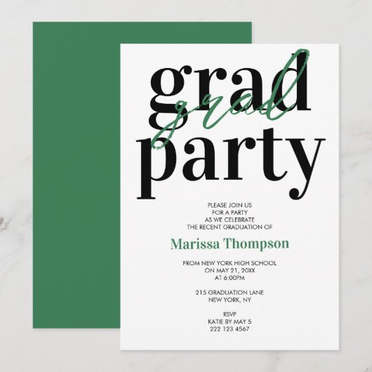 Moderne Calligrafie Green Graduation Party Kaart (Voorkant / Achterkant)