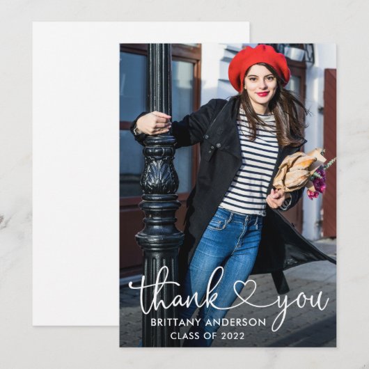 Moderne Calligrafie-hartscript Afstuderen foto Bedankkaart (Voorkant / Achterkant)