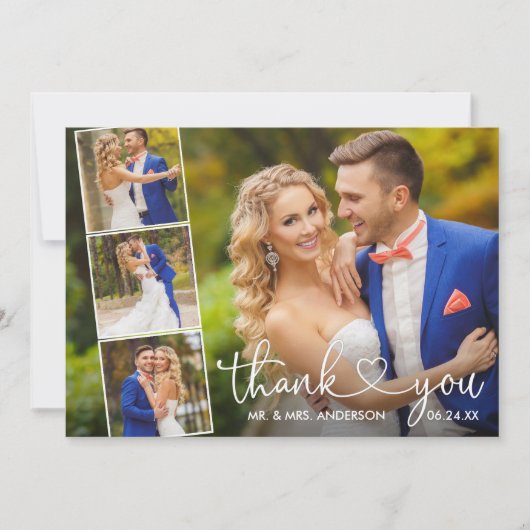 Moderne Calligrafie Heart Wedding 4 Foto Collage Bedankkaart (Voorkant)
