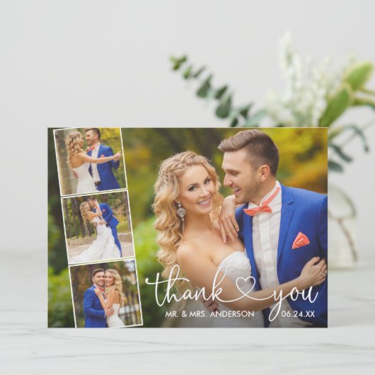 Moderne Calligrafie Heart Wedding 4 Foto Collage Bedankkaart (Staand voorkant)