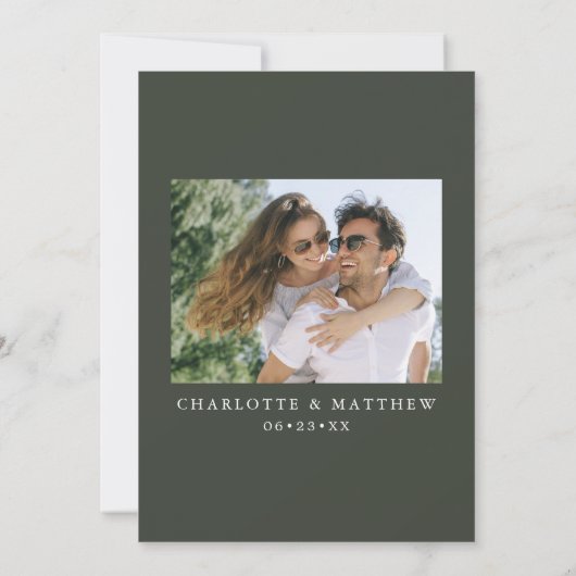 Moderne Calligrafie inkt Script 1 Foto Nieuw Olive Save The Date (Achterkant)