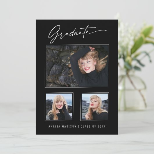 Moderne Calligrafie inkt Script 3 Foto Afstuderen Aankondiging (Staand voorkant)