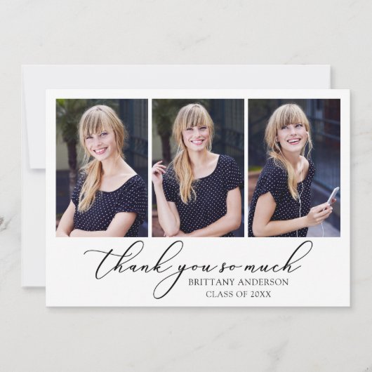 Moderne Calligrafie inkt Script 3 Foto's Afstudere Bedankkaart (Voorkant)