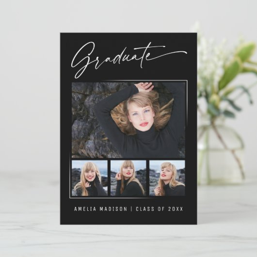 Moderne Calligrafie inkt Script 4 Foto Afstuderen Aankondiging (Staand voorkant)