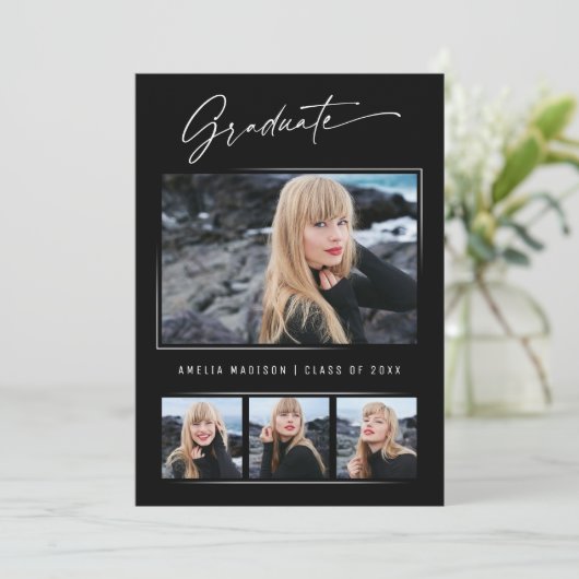 Moderne Calligrafie inkt Script 4 Foto Afstuderen Aankondiging (Staand voorkant)