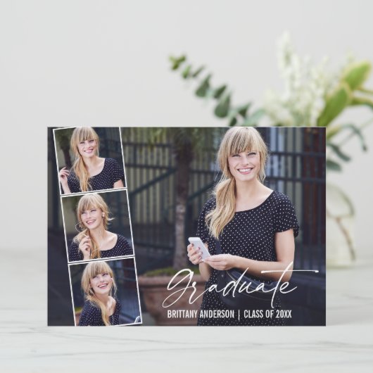 Moderne Calligrafie inkt Script 4 Foto Afstuderen Aankondiging (Staand voorkant)