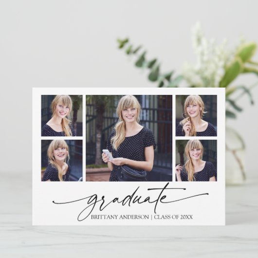 Moderne Calligrafie inkt Script 5 Foto Afstuderen Aankondiging (Staand voorkant)