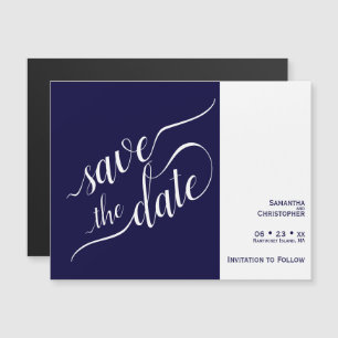Moderne Calligrafie Navy Blue Wedding Save the Dat Magnetische Uitnodiging