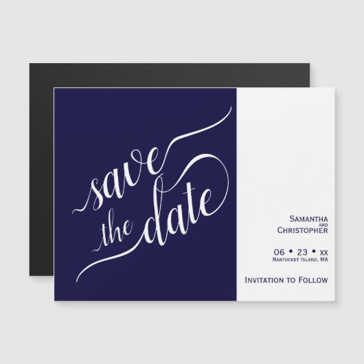 Moderne Calligrafie Navy Blue Wedding Save the Dat Magnetische Uitnodiging (Voorkant / Achterkant)