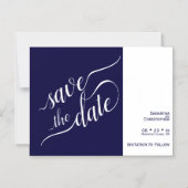 Moderne Calligrafie Navy Blue Wedding Save the Dat Magnetische Uitnodiging (Voorkant)