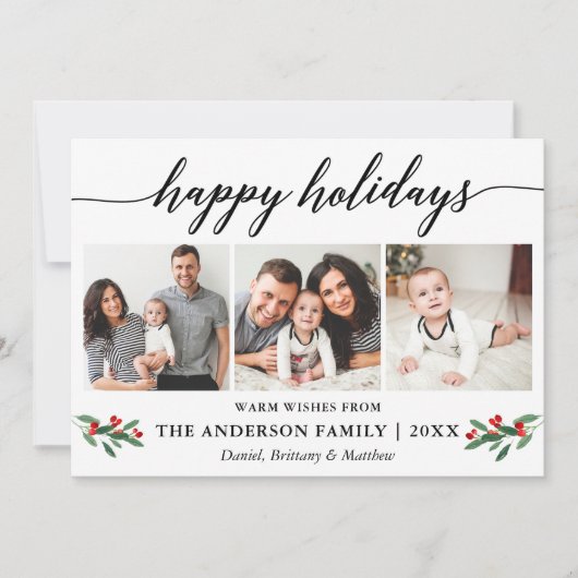 Moderne Calligrafie Red Holly 3 Foto Feestdagenkaart (Voorkant)