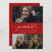 Moderne Calligrafie Red Three Photo Afstuderen Kaart (Voorkant / Achterkant)