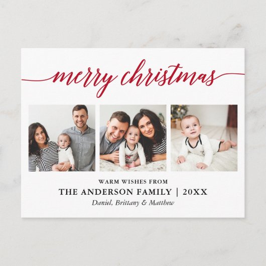 Moderne Calligrafie Rode kerst 3 Foto Briefkaart (Voorkant)