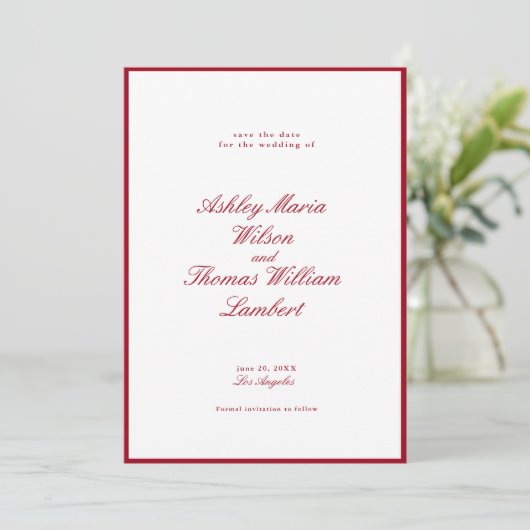 Moderne Calligrafie Rood huwelijk sparen de Datum Kaart (Staand voorkant)