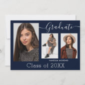 Moderne Calligrafie Script Blue 3 Photo Afstuderen Aankondiging (Voorkant)