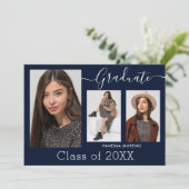 Moderne Calligrafie Script Blue 3 Photo Afstuderen Aankondiging (Staand voorkant)