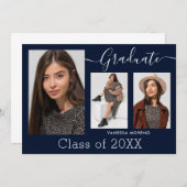 Moderne Calligrafie Script Blue 3 Photo Afstuderen Aankondiging (Voorkant / Achterkant)