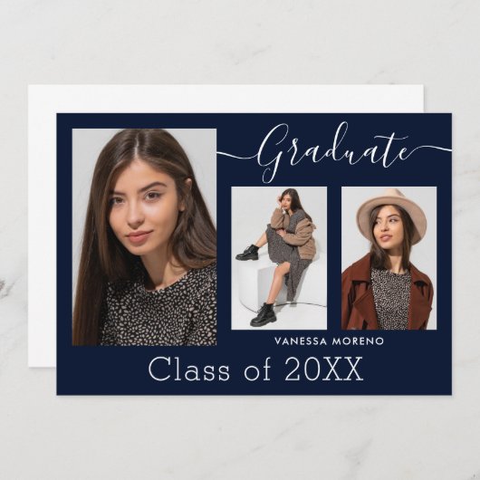 Moderne Calligrafie Script Blue 3 Photo Afstuderen Aankondiging (Voorkant / Achterkant)