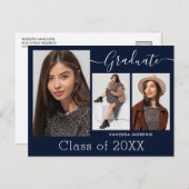 Moderne Calligrafie Script Blue 3 Photo Afstuderen Briefkaart (Voorkant / Achterkant)