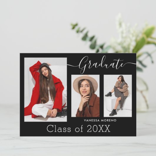 Moderne Calligrafie Script BxW 3 Foto Afstuderen Aankondiging (Staand voorkant)