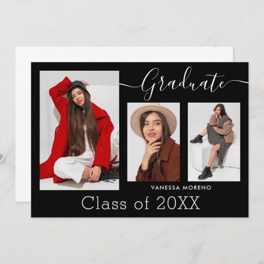 Moderne Calligrafie Script BxW 3 Foto Afstuderen Aankondiging (Voorkant / Achterkant)