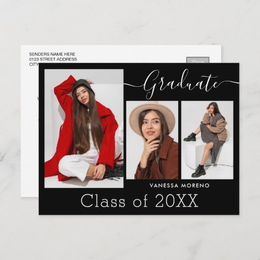 Moderne Calligrafie Script BxW 3 Foto Afstuderen Briefkaart (Voorkant / Achterkant)