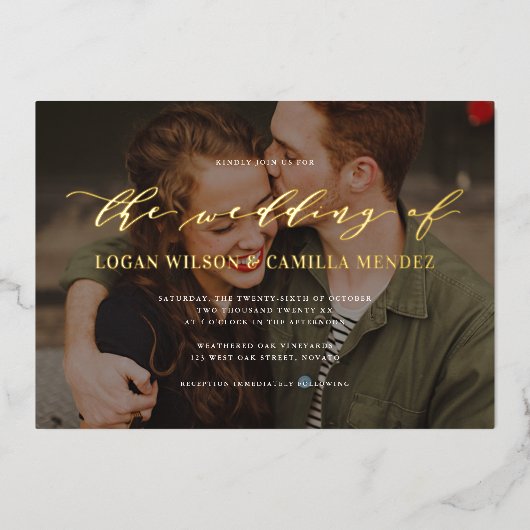 Moderne Calligrafie-script foto-bruiloft REAL Folie Uitnodiging (Voorkant)