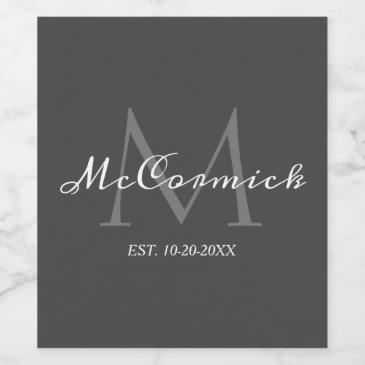 Moderne Calligrafie Script Gray White Monogram Nam Wijn Etiket (Enkel label)