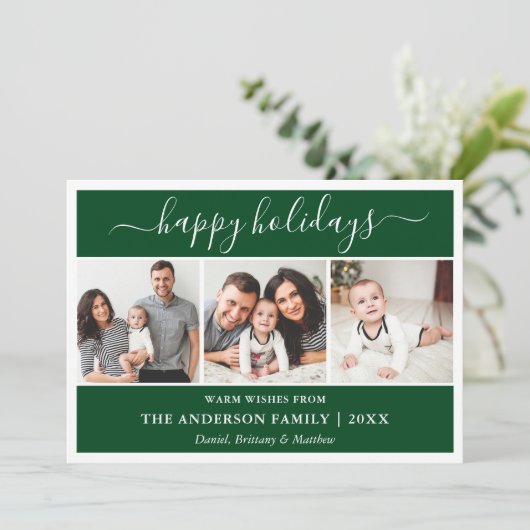 Moderne Calligrafie Script Green 3 Foto Feestdagenkaart (Staand voorkant)