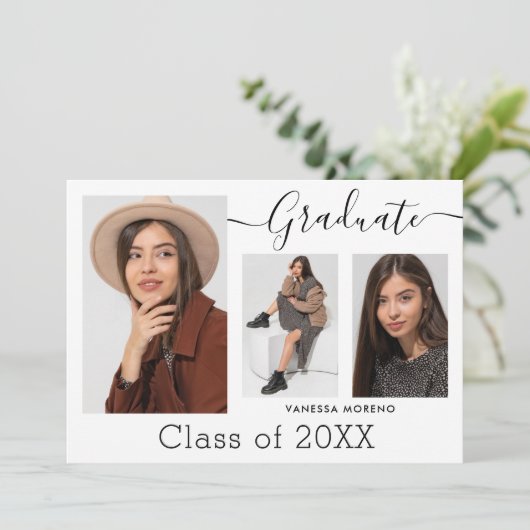 Moderne Calligrafie Script White 3 Photo Afstudere Aankondiging (Staand voorkant)