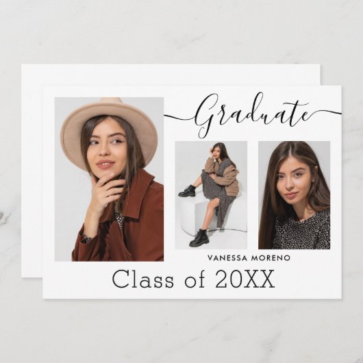 Moderne Calligrafie Script White 3 Photo Afstudere Aankondiging (Voorkant / Achterkant)
