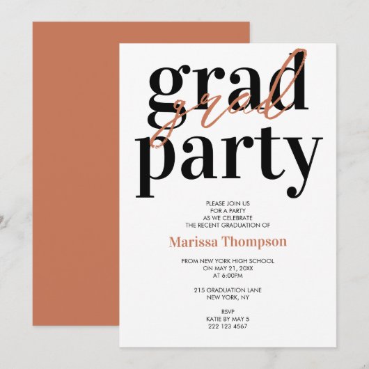 Moderne Calligrafie Terracotta Graduation Party Kaart (Voorkant / Achterkant)