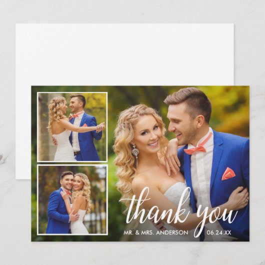 Moderne Calligrafie Weddenschap 3 Foto Collage Bedankkaart (Voorkant / Achterkant)