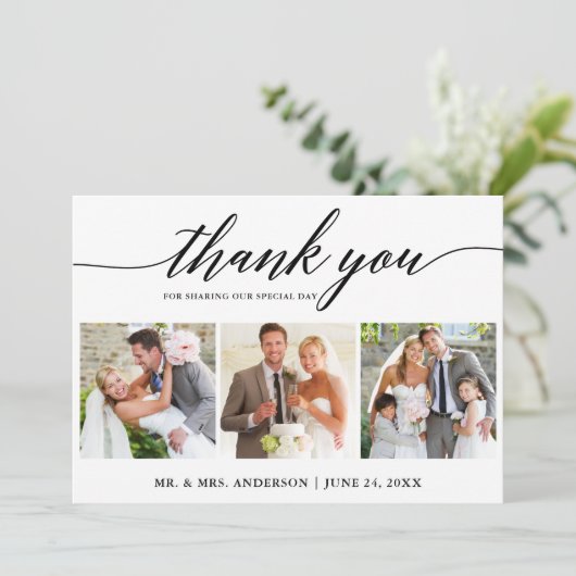 Moderne Calligrafie Wedding 3 Foto Bedankkaart (Staand voorkant)