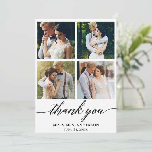 Moderne Calligrafie Wedding 4 Foto Bedankkaart (Staand voorkant)