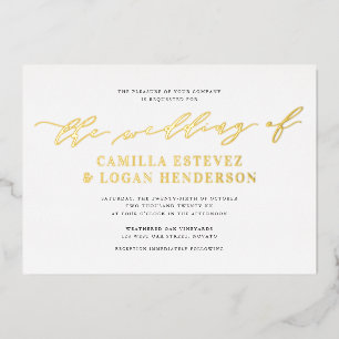 Moderne Calligrafiescript Weddenschap White + Gold Folie Uitnodiging