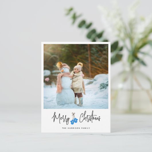 Moderne Calligraphy Blauwe Handschoenen Foto Feestdagenkaart (Staand voorkant)