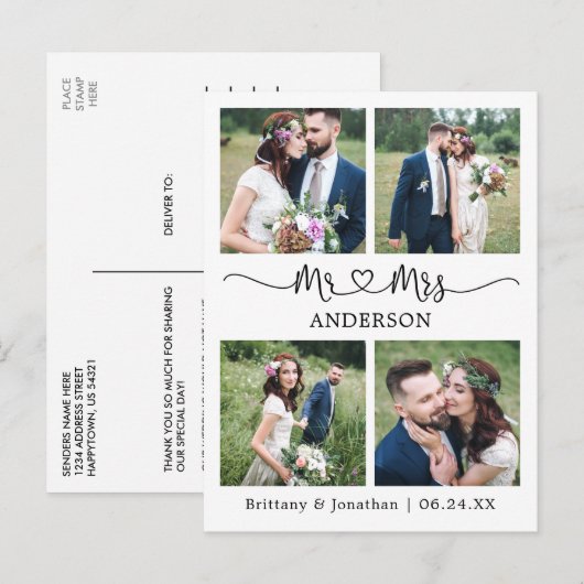 Moderne Calligraphy Hart 4 Foto Huwelijk Bedankt Briefkaart (Voorkant / Achterkant)